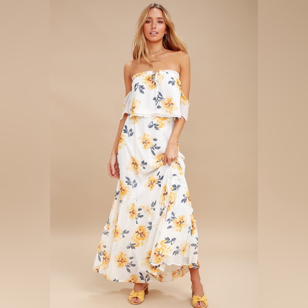 Lulus Floral Off-Shoulder Maxi Set - White and Yellow